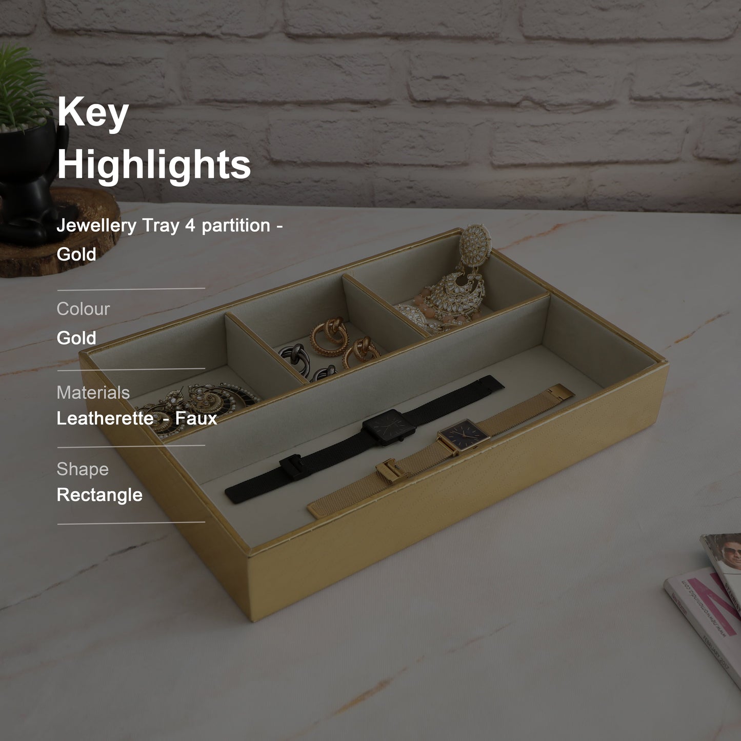 Leatherette Jewellery Tray 4 partition - Gold