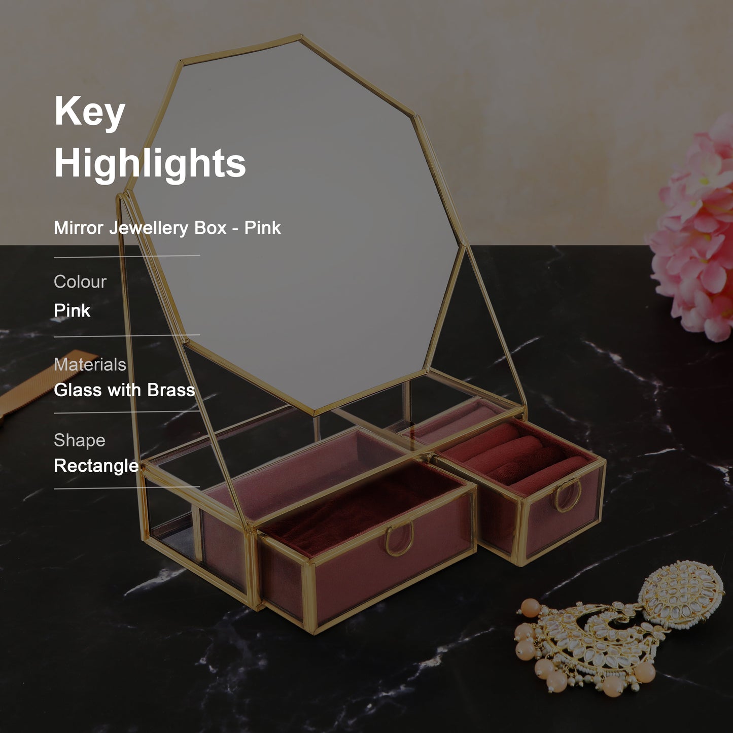 Glass & Metal Jewellery Box With Mirror - Pink