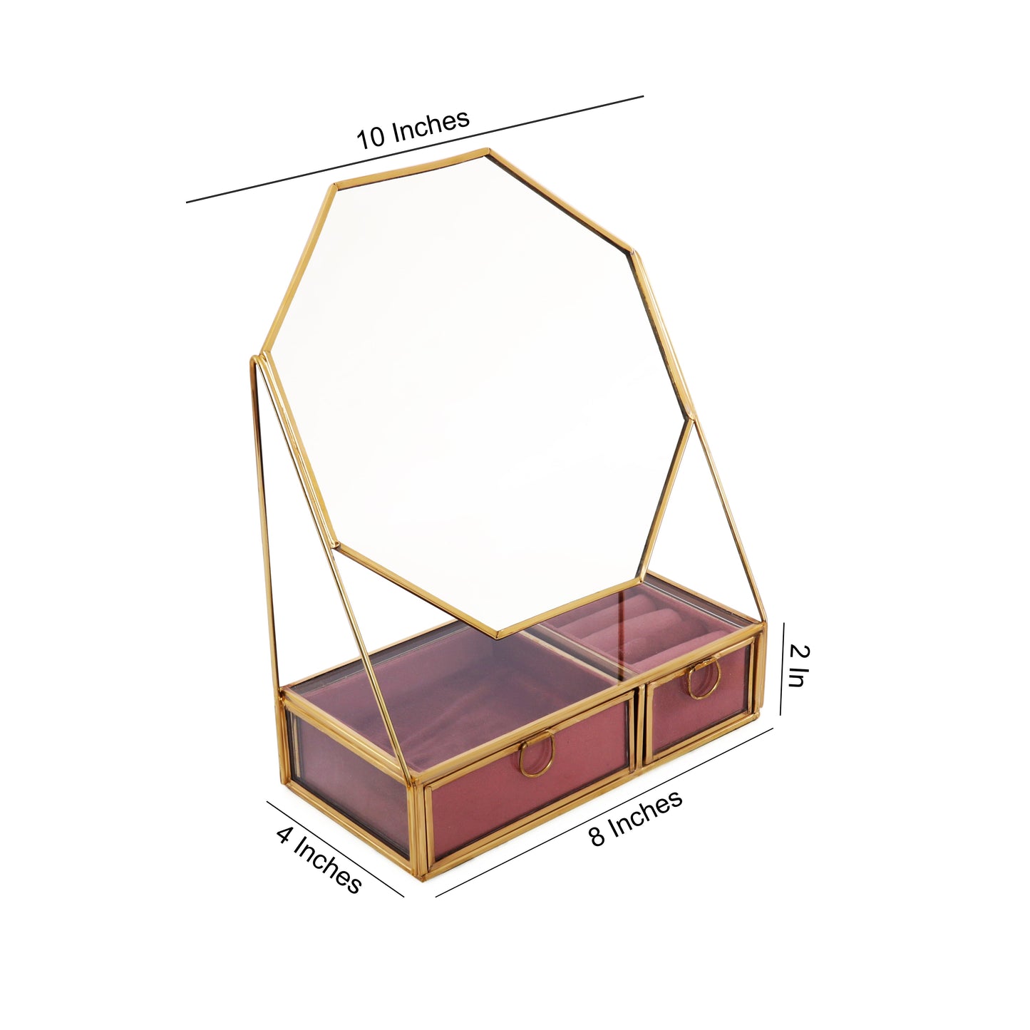 Glass & Metal Jewellery Box With Mirror - Pink